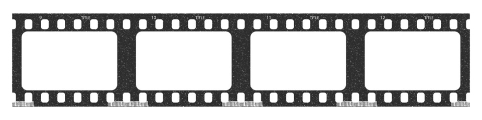 Trendy film strip frame template with four empty slots, cinema reel with grunge grain noisy texture, vintage aesthetic design. Modern retro vector illustration isolated on transparent background