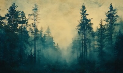 Blue Forest Scene with Pine Trees in a Soft Film Analog Texture for a Nostalgic Feel
