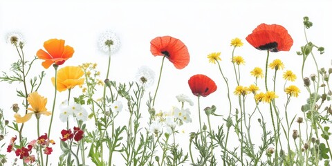 Fototapeta premium Various wildflowers with vibrant colors stand tall, showcasing their beauty against a bright, light background in full spring bloom, creating a serene atmosphere