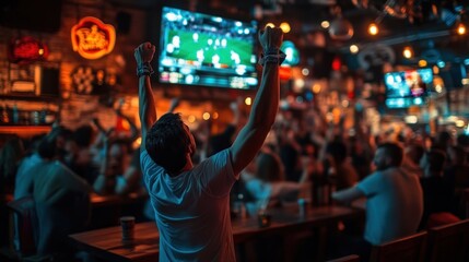 Man Celebrates Victory At A Sports Bar With Friends