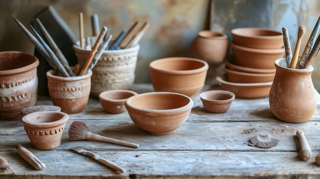 Traditional clay modeling tools spread out on a table with handmade pottery