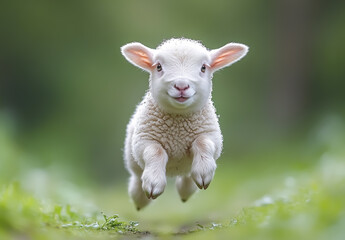 Fototapeta premium Funny lamb jumping. Cute farm animals
