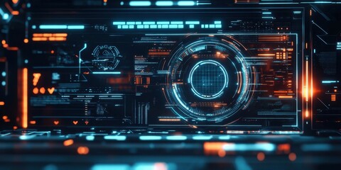 Obraz premium A futuristic digital display features vibrant data visualizations, illuminated circles, and floating information in a high-tech virtual space, highlighting innovation