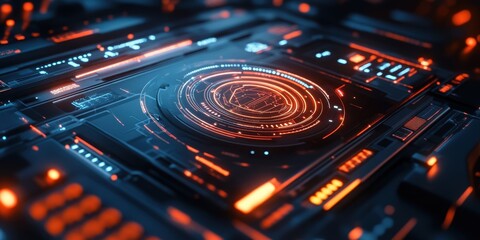 Obraz premium Complex digital display featuring intricate circuits and vibrant colors, highlighting advanced technology in a futuristic setting