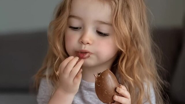 Portrait of a beautiful child with a chocolate easter egg in his hands