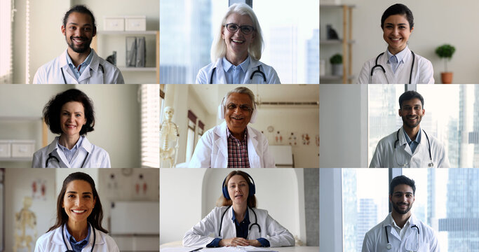 Multiple videos, collage view diverse multiethnic doctors, colleagues having virtual meeting to share opinions, knowledge, take part on-line seminar using videocall. Worldwide communication, medicine