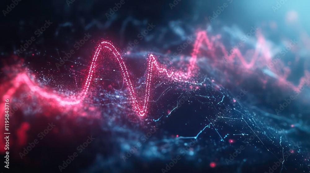 Poster Abstract glowing red and blue data wave visualization.
