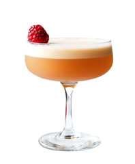 Elegant Clover Club cocktail garnished with a raspberry, showcasing a smooth, creamy foam atop a peach-hued beverage. Isolated on transparent white background, png	
