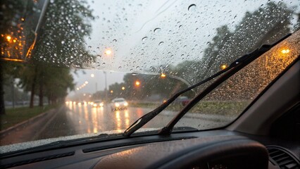 Vista desde el interior de un auto en día lluvioso, gotas de lluvia y vidrio empañado