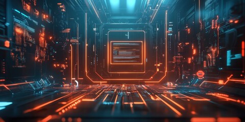 A vibrant digital corridor features glowing neon lights and intricate data displays, showcasing a futuristic setting filled with advanced technology and connectivity