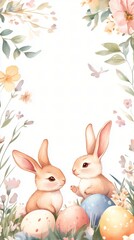 Cute Rabbits with Easter Eggs in a Floral Frame