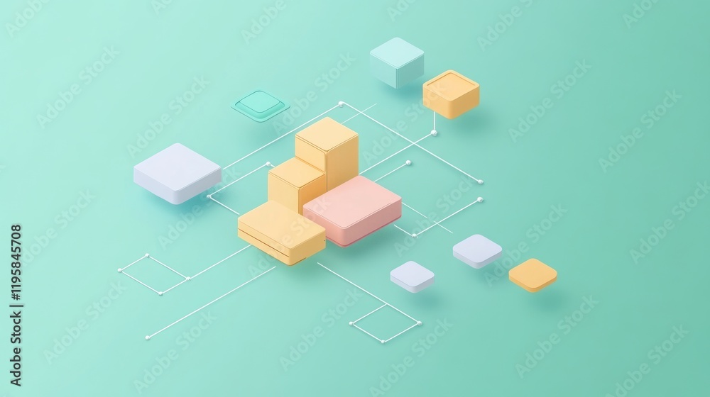 Poster pastel colored cubes connected by lines on a mint background