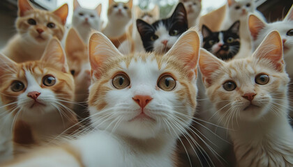 Lots of cats taking a selfie while using a wide-angle lens, realistic, cinematic light
