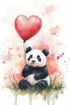 Watercolor painting of cute and happy panda bear sitting and holding balloon in the shape of red heart, digital art with pastel background. Valentine's Day clipart concept.