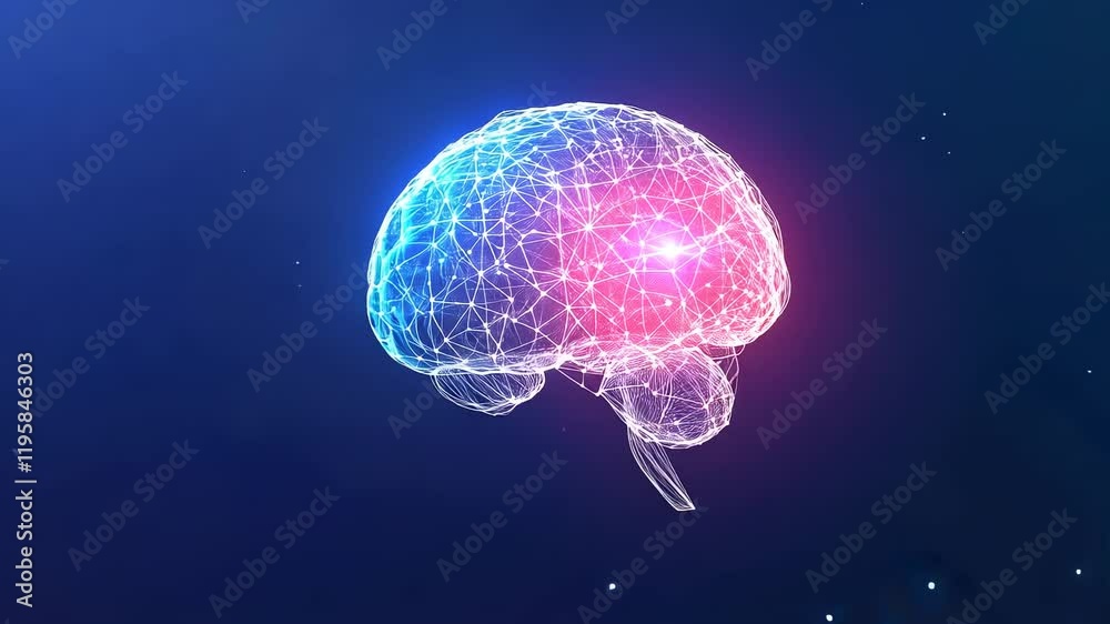 Poster Video with digital abstract background with glowing blue and purple connections forms the shape of an AI brain on a dark gradient, ideal for tech presentations and social network banners.