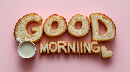 words good morning made from toasted bread with a mug of coffee on a pink background
