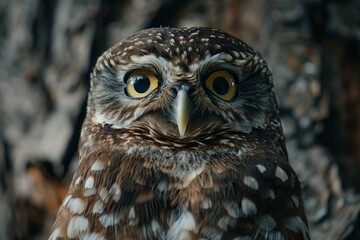 Close up portrait of a burrowing owl staring intensely with bright yellow eyes, perched against a blurred tree bark background