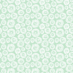 Mint green seamless floral pattern with soft white textured flowers. Light pastel botanical design perfect for fabric, baby decor, and spring-themed products.