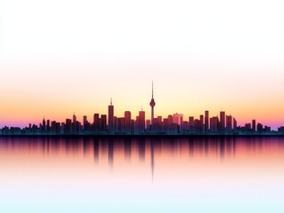 Naklejka premium Vibrant cityscape at sunset with a glowing orange and purple skyline reflected on water creating a serene urban silhouette and dramatic ambiance