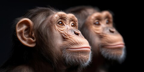 Two chimpanzees gaze thoughtfully into the distance, capturing an intimate moment of reflection and the bond between these intelligent primates.