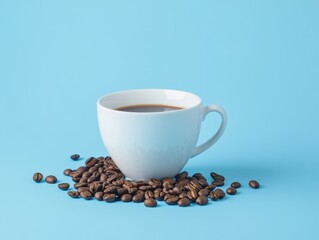 A cup of coffee with a pile of coffee beans beside it on a blue background.