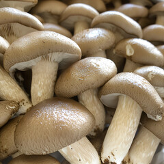 Close-up of a cluster of brown mushrooms, showcasing their texture and subtle color variations.