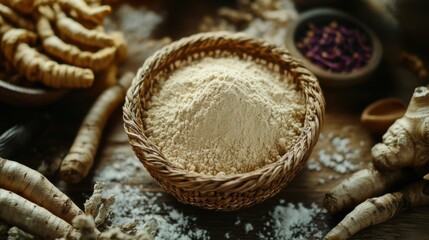 herbal medicine display, a cozy, warmly lit setting with ashwagandha root powder in a woven basket, surrounded by traditional indian herbal tools and dried roots