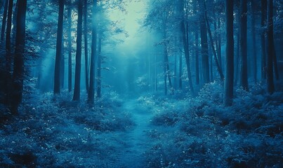Obraz premium Blue-Tinted Pine Trees in a Dreamy Analog Style with Vintage Film Texture