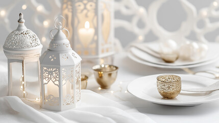 White festive lanterns illuminating ramadan dinner table setting