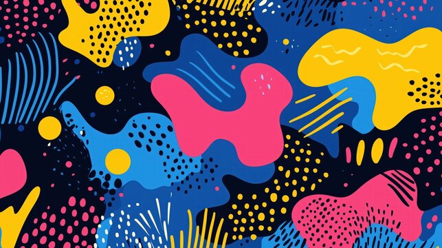 Abstract pattern with colorful shapes and doodles in the style of pop art, playful design in dark blue, pink, yellow and blue color palette. 