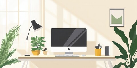 A stylish home office features a computer, desk lamp, and various potted plants, illuminated by sunlight streaming through large windows