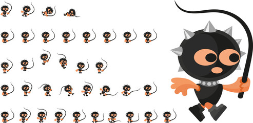 PrintCartoon character, sprite prepared for animation. BDSM character with a whip in his hands, dressed in a latex suit, holding a whip, vector drawing, easy to scale