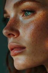 Fototapeta premium The portrait of a young woman with freckles, showcasing her facial features and the perfection of her skin.