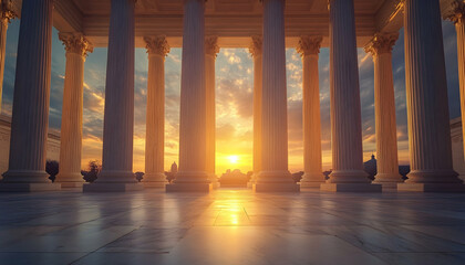 Majestic marble columns supreme court facade golden sunrise American justice symbol
