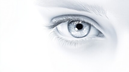 Hyperrealistic close up of a piercing blue eye with subtle highlights reflecting clarity and intricate details in a minimalist design