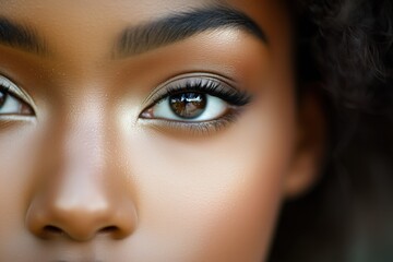 Fototapeta premium Close-up portrait of a beautiful young African American woman with brown eyes and natural makeup. She has white eyeliner and large, expressive eyes. 