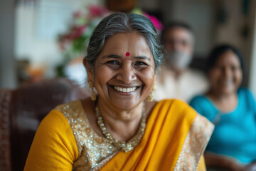 Obraz premium A woman in a yellow sari is smiling and looking at the camera