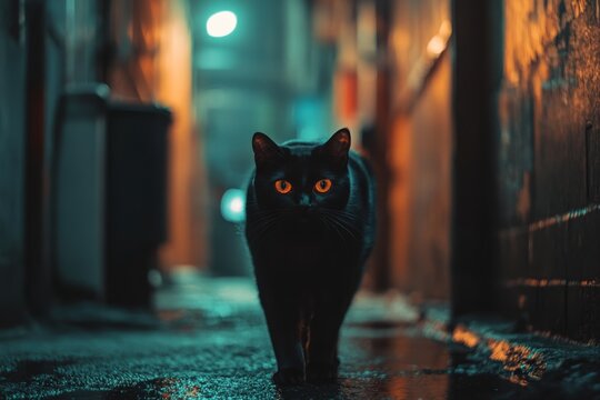 Black cat walks down a dimly lit alley drenched in rainwater during late evening hours