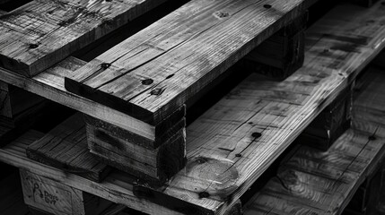 Stack of wooden pallets with a black and white filter. The pallets are made of wood and are stacked on top of each other. The image has a vintage and rustic feel to it, with the black