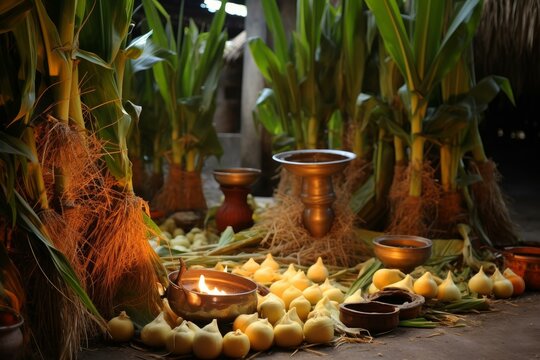 Traditional animistic ritual featuring a burning oil lamp, corn plants, and various offerings, possibly representing a harvest festival or spiritual ceremony