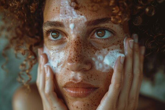 African American woman applying cream or mask to face with focused look. - Powered by Adobe