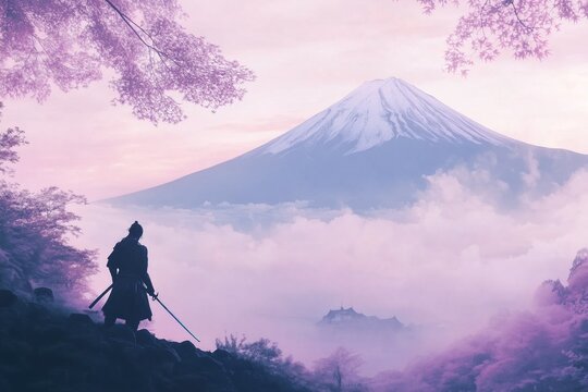 Samurai standing on the edge of an ancient Japanese mountain in the misty background in pastel purple hues with copy space, digital art style.