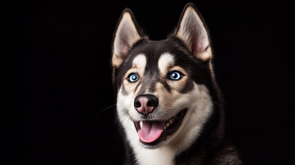 Obraz premium Happy husky dog smiling on black background showing blue eyes and pink tongue