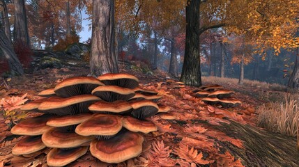 Autumn forest mushrooms, fallen leaves, background trees, nature scene