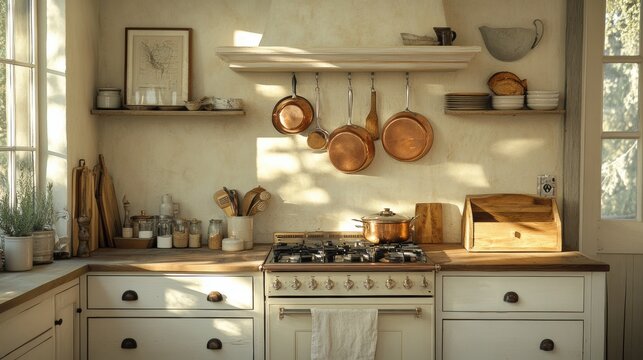 rustic kitchen decor, rustic farmhouse kitchen in warm tones with antique copper pots hanging over the stove and a wooden breadbox on the counter