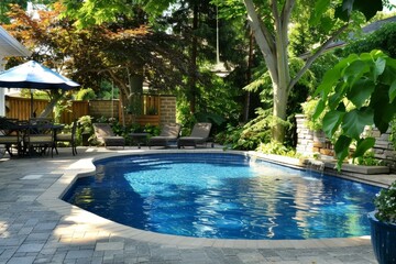 Tranquil backyard oasis featuring an inground swimming pool with a cascading waterfall, surrounded by lush landscaping on a sunny summer day
