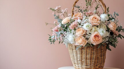 Beautiful floral arrangement in a woven basket against a soft pastel background