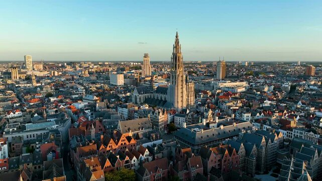 4K Aerial view of cityscape of Antwerp, gothic style landmark Cathedral of Our Lady Antwerp. Belgium