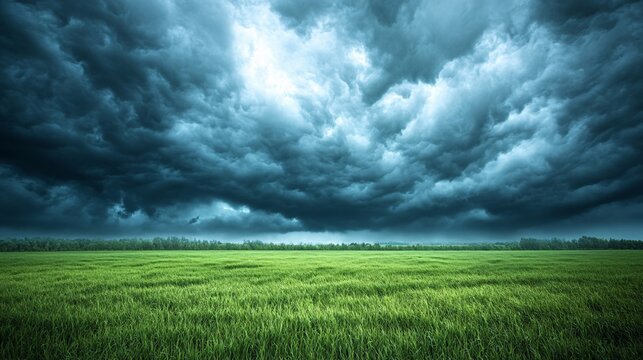 Stormy clouds loom over a green field under a dramatic sky
