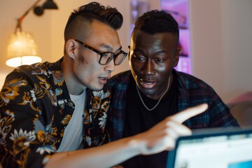 African guy pointing to data on laptop for his European colleague while working together on business project